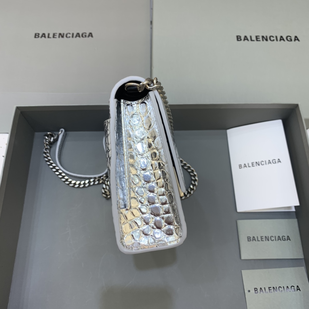 Balenciaga Big Hourglass Wallet With Chain Crocodile Embossed Shoulder Bag Silver